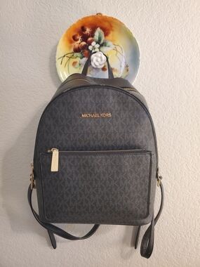 Michael Kors Charcoal MK Monogram Backpack with Gold Hardware